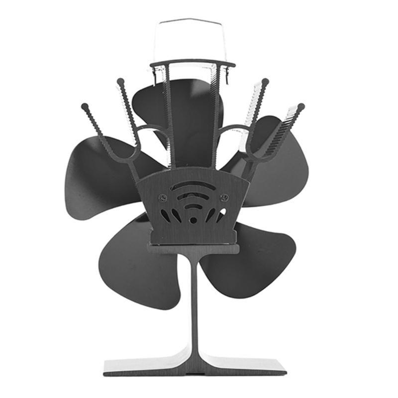 5 Blades Efficient Wood Stove Fan Wood-burning Real Fire Fireplace Fan for Pellet Wood Log Burning Stove Home Black