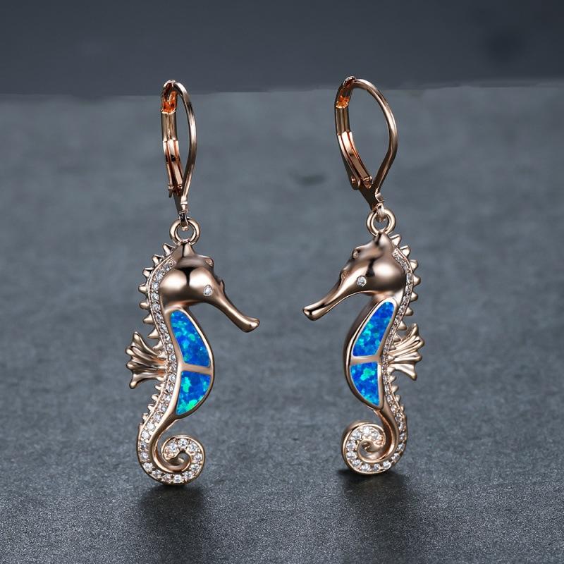 Wish Hot Ocean Wind Series Rose Gold White Gold Blue and White Opal Micro-set White Diamond Seahorse Versatile Earrings