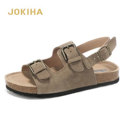 2024 Летние женские сандалии из коровьей замши, пробковые сандалии, женские, с двумя пряжками, пляжные сандалии для девочек в стиле ретро, высокое качество