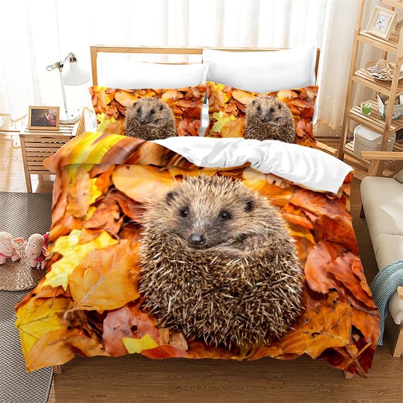 Hedgehog Bedding Set Cute Kawaii Wildlife Comforter Cover With Pillowcases For Kids Boys Girl Polyester Bedding Set King Size