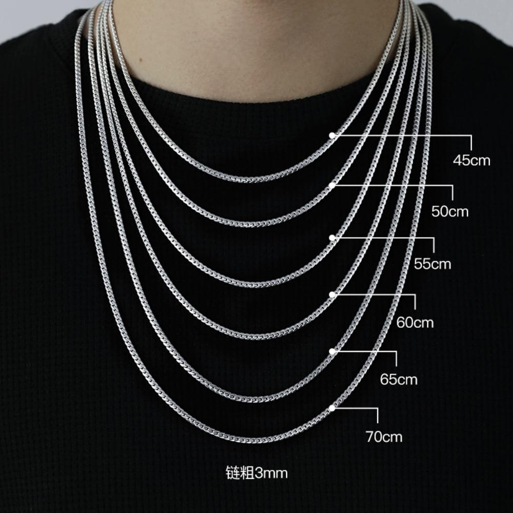 925 Silver-plated Fine Cuban Chain Men's Trend High-end Necklace, Versatile Simple Plain Chain Collarbone Chain Men's Model
