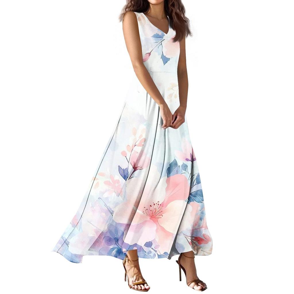 Женское летнее повседневное модное платье с принтом, платье без рукавов с V-образным вырезом