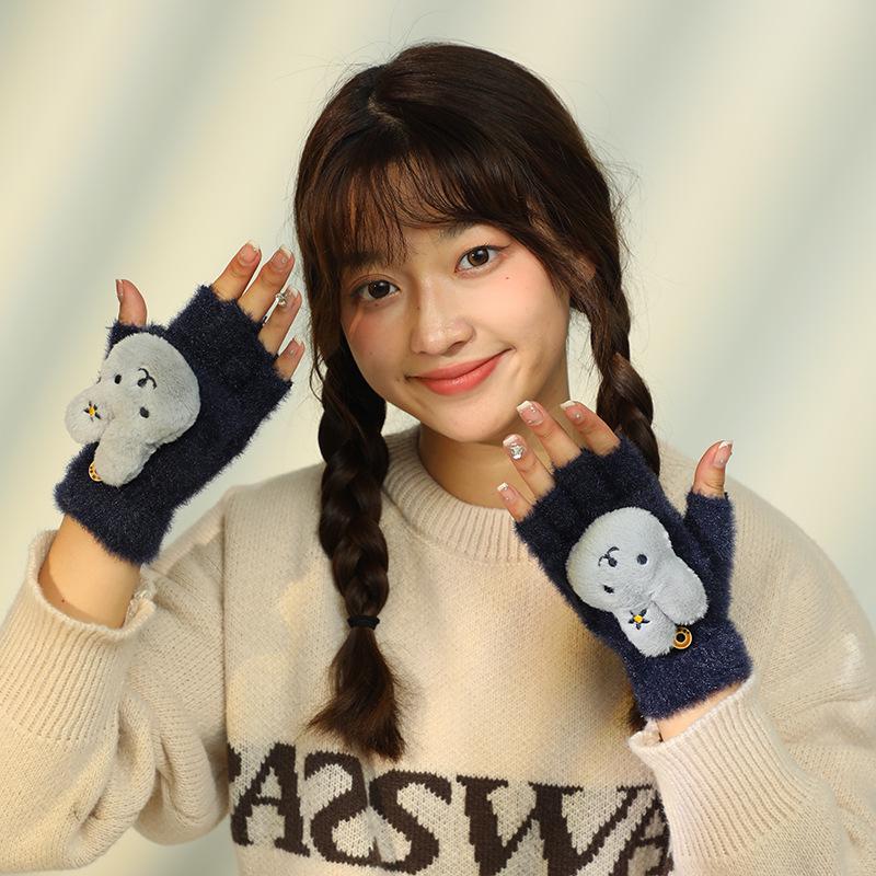 2023 Winter Men's Cute Cartoon Flip Gloves: Warm, Thick, Imitation Cashmere Knit