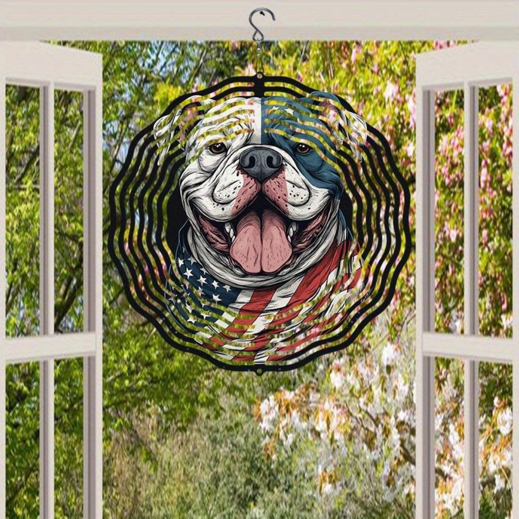 American Flag Dog Design 3D Metal Wind Chime for Outdoor Garden Patio Indoor Decor Holiday Festival Party Gift Rotating Wind Spinner