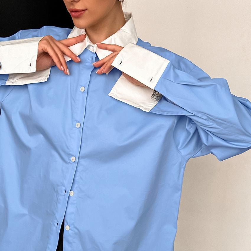Cotton Blue And White Contrasting Women's Shirt Casual Lapel Long Sleeved Shirt With Women's Clothing Underneath