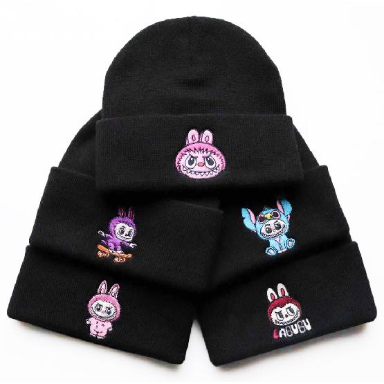 Men's and women's outdoor sports warm hats, autumn and winter trendy cartoon woolen hats, Labubu embroidered student knit hats