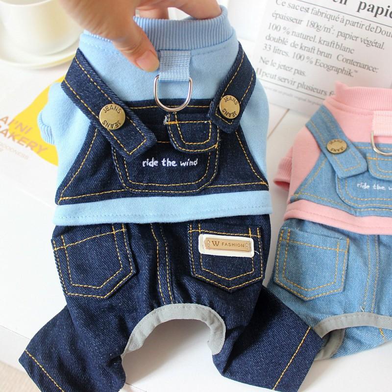 Dog Denim Overalls Four-Legged Outfit Small Breeds Bichon Schnauzer Teddy Casual Wear