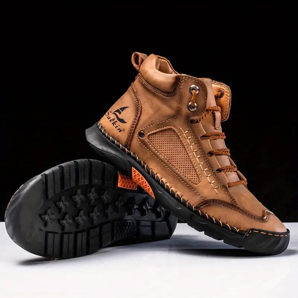 Men's Large Size Handmade Vintage Boots, Fashionable Lace-Up High-Top Casual Shoes, Spring and Autumn Outdoor Hiking and Trekking Boots