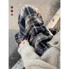 Women's Dark Blue Wool Plaid High-Waist Wide-Leg Trousers for Autumn and Winter