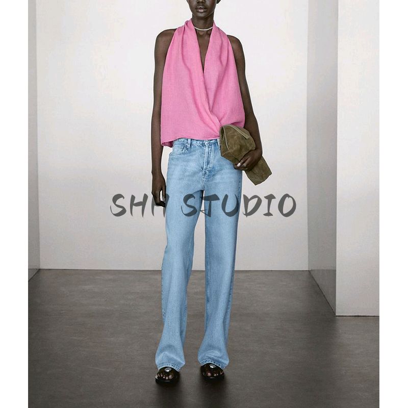 MD Summer Women's Clothing French Style Normcore Elegance Cross Hanging Collar Spaghetti Straps Sleeveless Shirt Tops 5131640