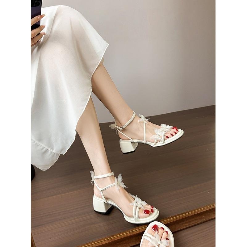 Версия из мягкой кожи~ босоножки с бантом женские 2025 лето новинка французское лето с юбкой супер огонь толстый каблук высокие каблуки