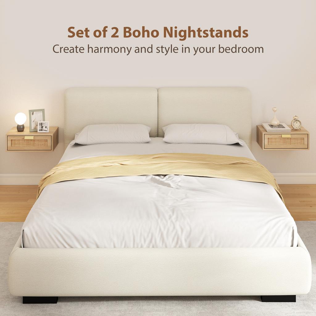 Floating Bedside Tables Set Of 2 Wall Mounted Bedside Cabinets With Rattan Drawer And Wood Effect Oak
