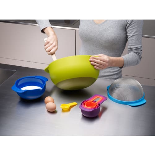 Joseph Joseph Nest 9 Plus 9-Piece Measuring Cup, Bowl, Drainer, and Measuring Spoon Set, Dishwasher Safe, Stackable, BPA-Free, Rainbow Colors [Authent