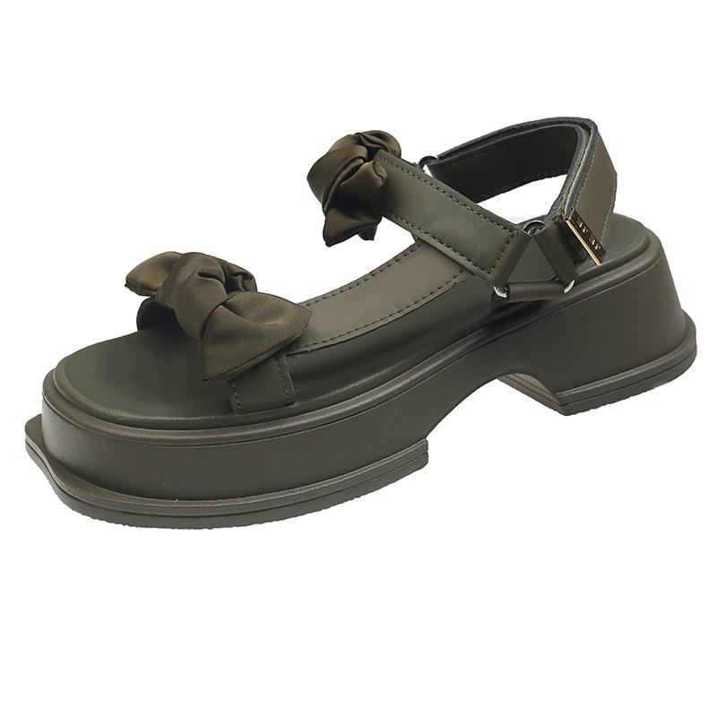 Обувь для женщин 2024 года, летние новые босоножки на толстой подошве, корейские модные босоножки с бантом, простые повседневные женские туфли с открытым носком