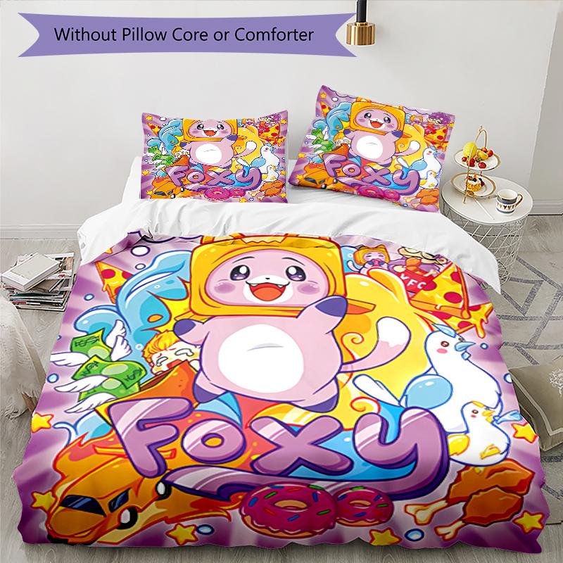 3pcs Lankybox Foxy and Rocky pattern bedding set duvet cover set includes duvet cover &pillowcases, perfect all season bedroom decoration & gift