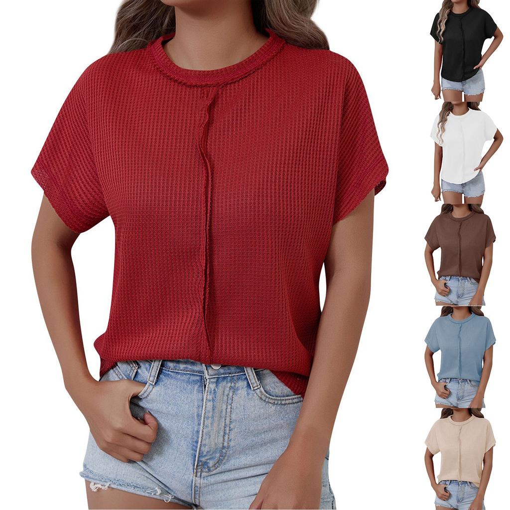 Women's Fashion Solid Color Round Neck Short Sleeved Pullover Casual T-shirt Top