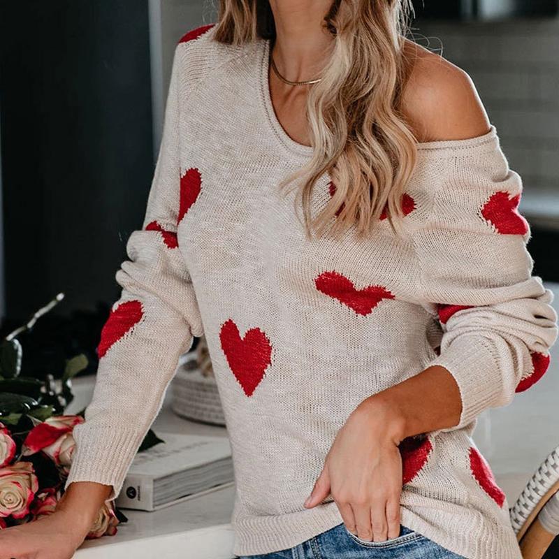Женский осенне-зимний пуловер с длинным рукавом и V-образным вырезом, свободный вязаный свитер с сердечком, трикотажный топ