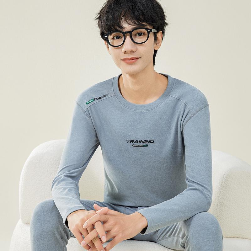 Мужской осенний комплект термобелья: Шерстяной свитер и брюки для студентов-подростков - Теплая смесь хлопка