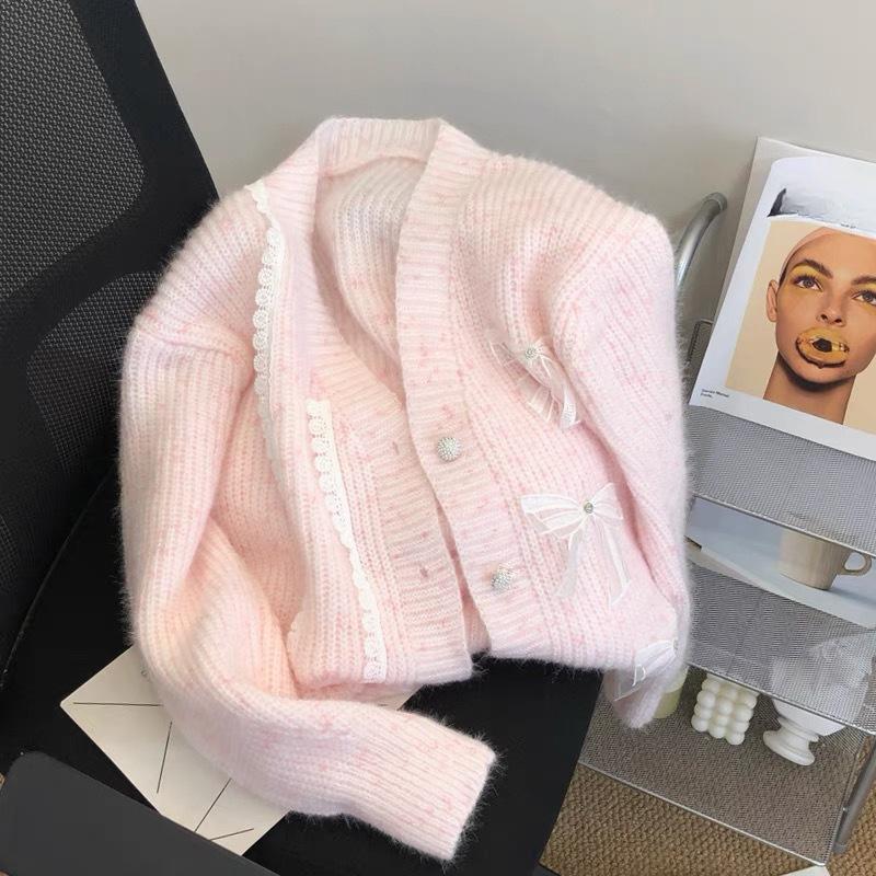 Осенне-зимняя женская нежная свободная ленивая ветровка трикотажная куртка кружевной бант свитер кардиган