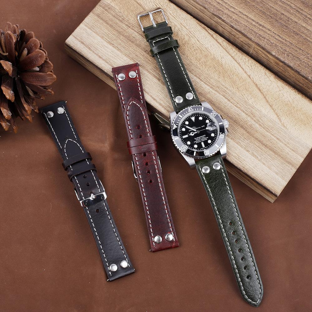 Oil Wax Genuine Leather Watch Strap 18mm-24mm Retro Rivets Bracelet Wristband Replacement Quick Release Watch Strap for Men