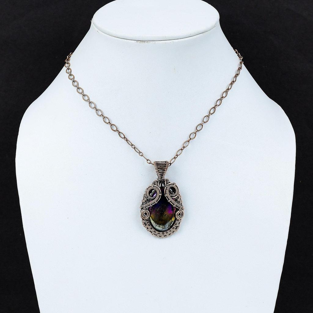 Подвеска из медной проволоки Mystic Fire, лабрадорит, драгоценный камень, кулон ручной работы, медный ювелирный подарок для него, потрясающие ювелирные изделия из проволочной обмотки