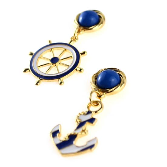 Women's Elegant Navy Anchor Helm StyleLong Dangle Drop Jewelry Earrings