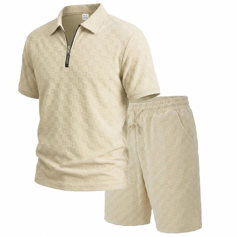 IHUASU Men's Fashion Casual Short Sleeve Summer Spring POLO Neck Pants Suits Elegant