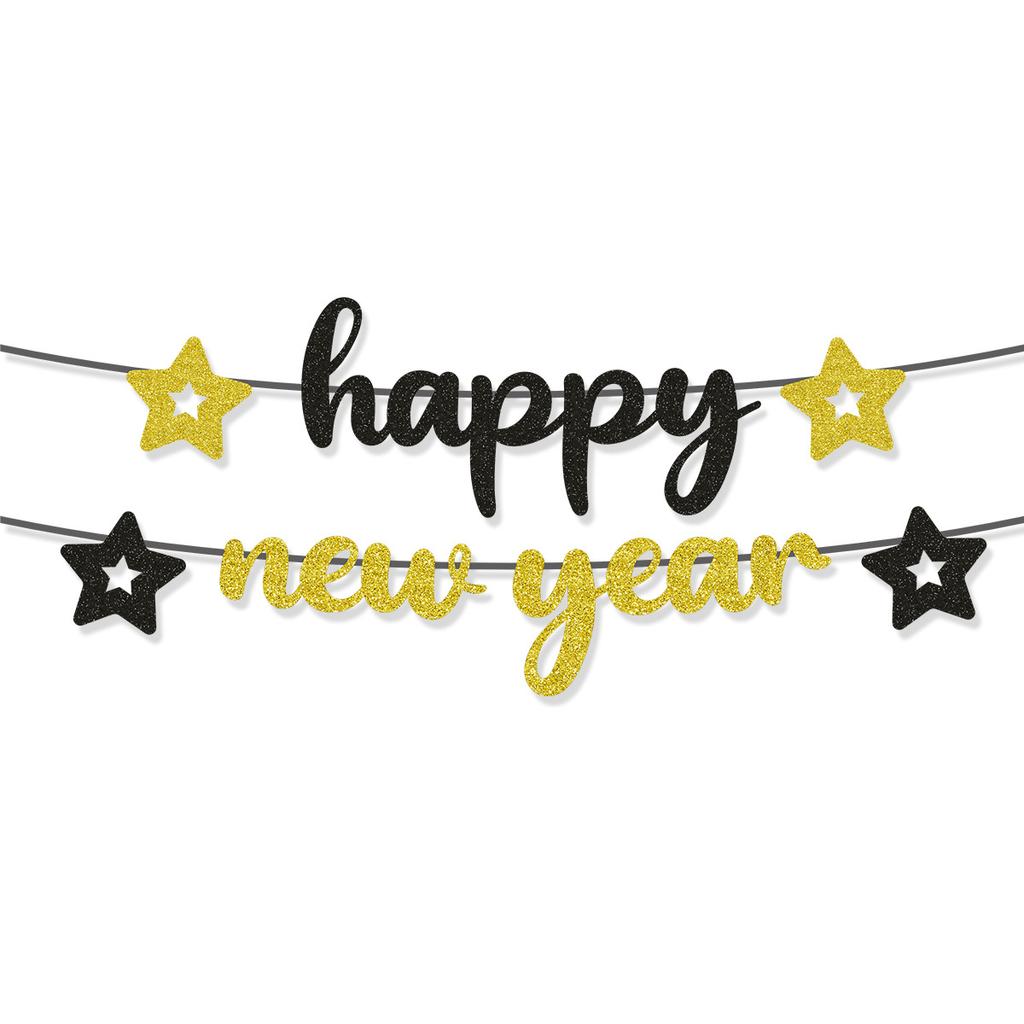 New Year'S Day Theme Party Decoration Banner Black Gold Star Hat Bronzing Flag