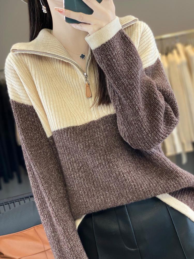 Color Block Wool Cashmere Sweater - Women's High-End Knitted Half-Open Collar Top