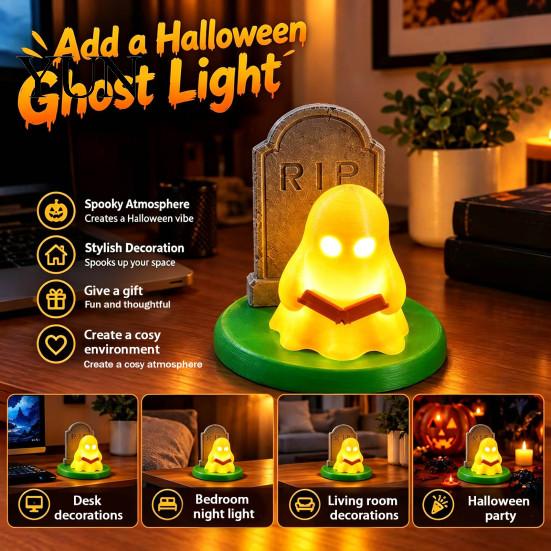 LED Tombstone Decor for Party Halloween Ghost Reading Table Lamp, 3D Printed Light Up And Decorative with Book Figurine, Spooky Night Home Desk Indoor