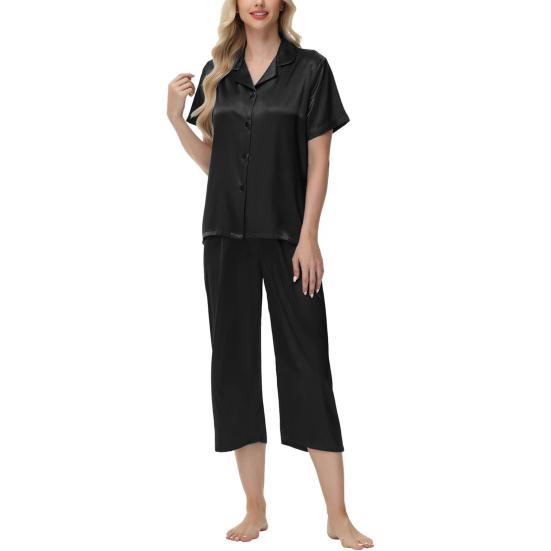 2 шт./комплект пижамы Ice Silk, рубашка с длинным рукавом и застежкой на пуговицы, эластичный пояс, широкие укороченные брюки, домашняя одежда, повседневный наряд, весенняя одежда для сна