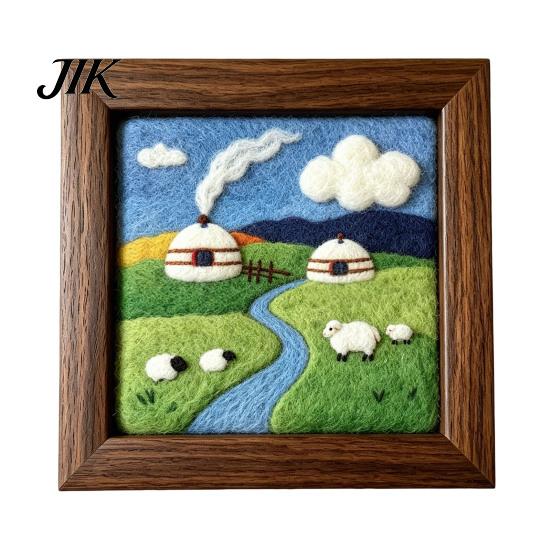 Poke Art Kit with Wooden Frame Steppe Scenery Frame, DIY Grassland Landscape Handmade Wool Painting Set Punch Needle Craft Set, Framed Picture