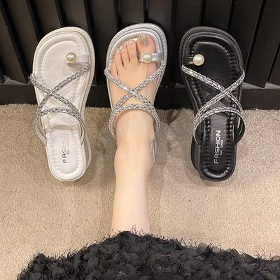 2024 Летние женские тапочки с кристаллами, модные элегантные узкие сланцы, женские туфли для улицы, сандалии на толстом каблуке