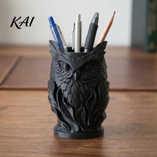 Sculpted Owl Figurine 3D Printed Pen Holder, Creative Desk Organizer for Office Stationery, Retro Relief Art Supplies Animal Storage Container Pencils