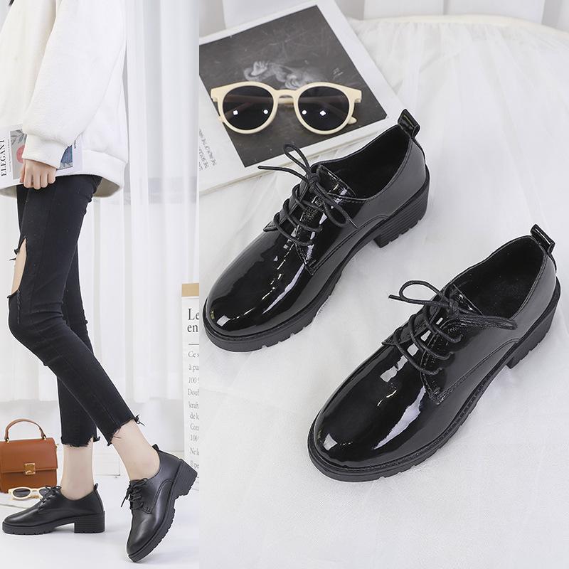 Лоферы женские 2025 осень новые черные кожаные туфли на тонком низком каблуке одинарные туфли на толстом каблуке модные рабочие туфли на шнуровке