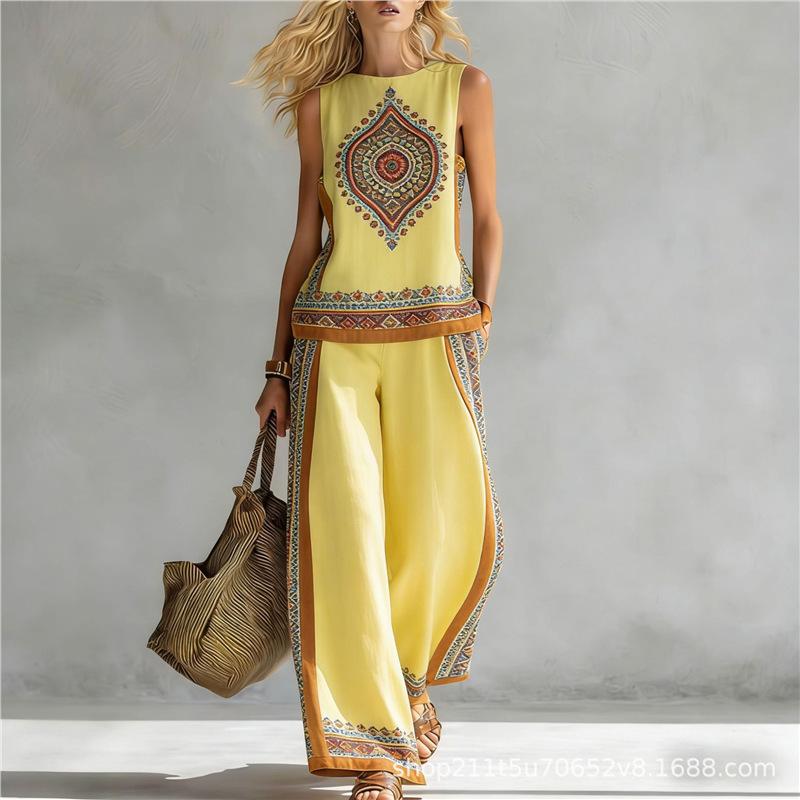 Casual suit Popular bohemian suit, contrasting color trimmed loose wide-leg pants two-piece set