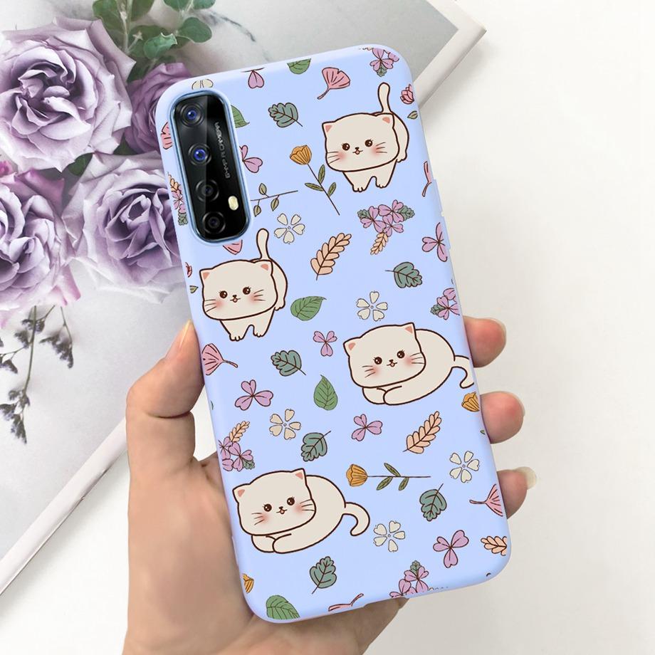 For Realme 7 4G Global Version Case Matte Liquid Silicone Bumper Shell For Realme7 RMX2155 Back Cover Lovely Cat Design Fundas