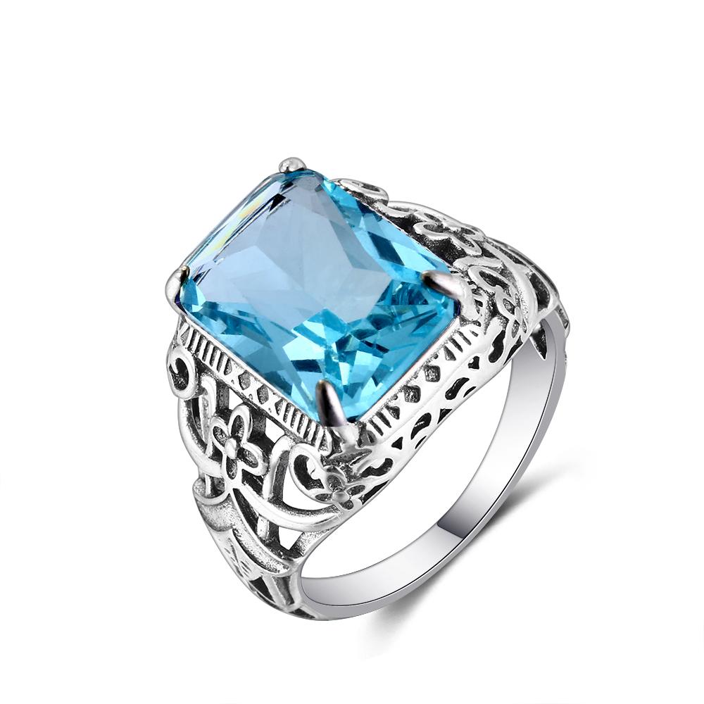 Vintage Hollow Out Design Aquamarine Zircon Silver Rings for Women Fine Jewelry Bridal Wedding Engagement Ring Accessory