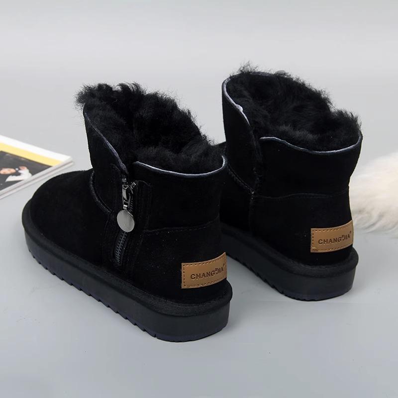 Модные цельные зимние ботинки из натуральной кожи на молнии из шерсти для женщин, зимние короткие утолщенные ботинки из шерсти и хлопка, нескользящие короткие ботинки