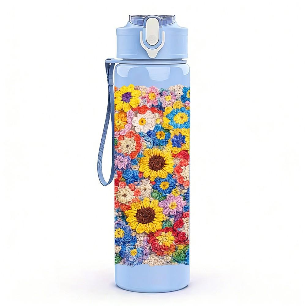 1PC Bright Sunflower Collage 750ml Color Plastic Sports Water Bottle Leakproof Flip Straw Lid Suitable for Sports Office Home Use
