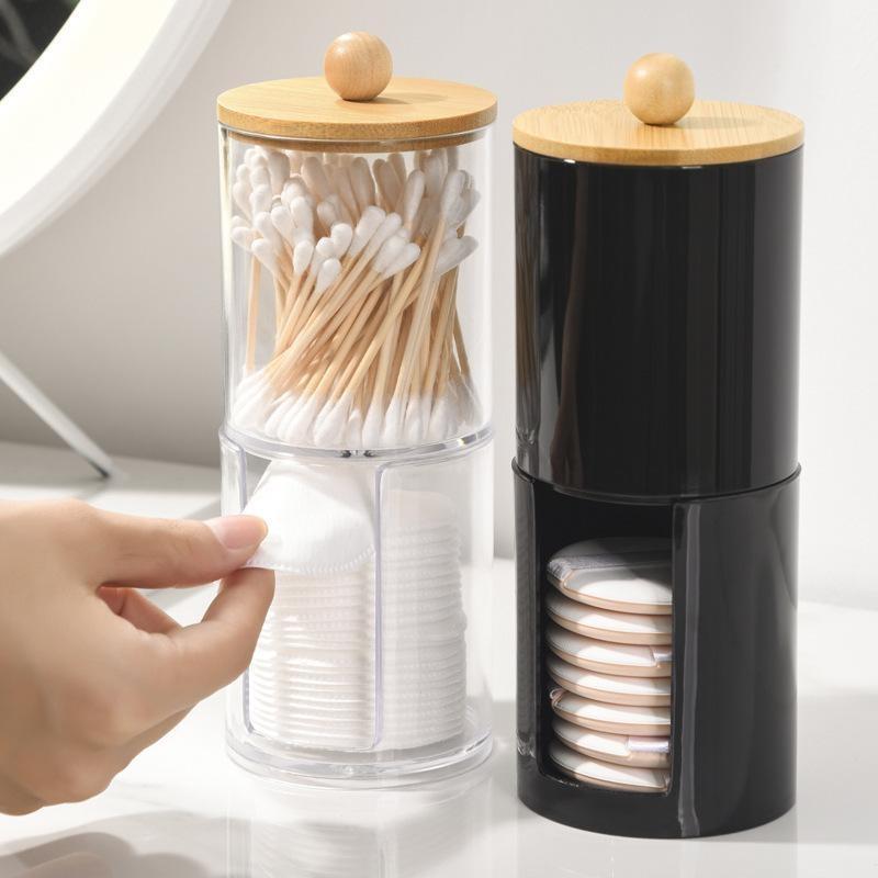 Cotton Swab Organizer with Bamboo Lid Clear Plastic Apothecary Jar for Bathroom Vanity Makeup Storage