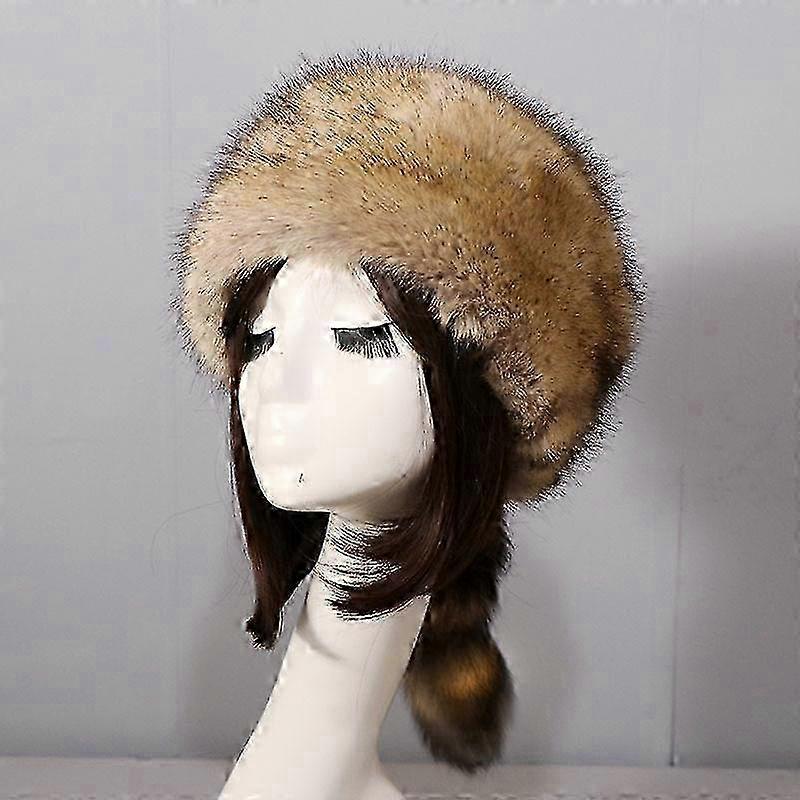 Faux Fur Raccoon Tail Winter Hat for Women, Thickened Thermal Cap with Ear Protection, Autumn Winter Round Flat Top, One Size