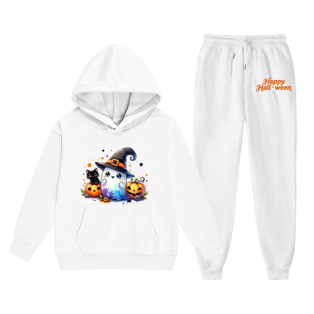Kids Halloween Hoodie Set Ghost Pumpkin Print Long Sleeve Pullover Sweatshirt with Hood and Matching Pants Comfortable Fit for Boys and Girls