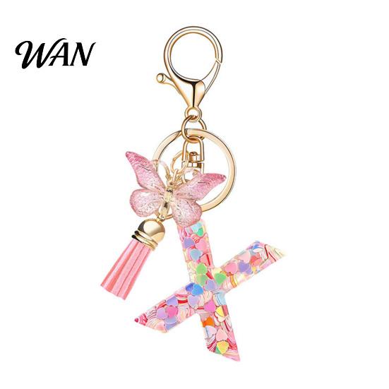 Pocket Keychain Pink Series Pendant, Sequins Heart Initial Letter Charm Key Chain with Everyday Carry Butterfly Tassel Design, A-Z Holder for