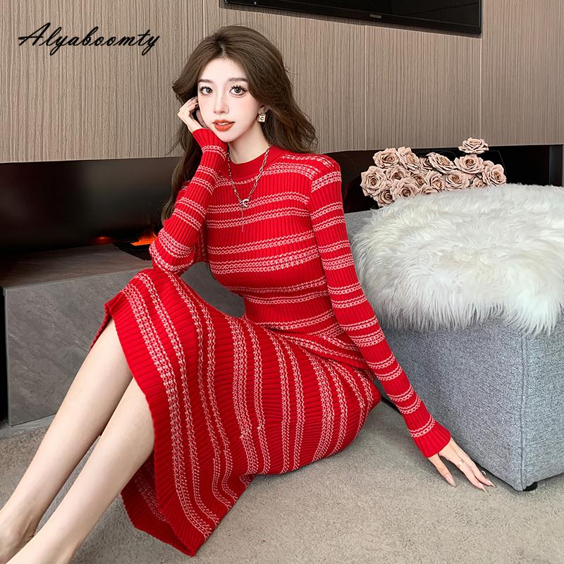 Осень-зима Женское платье-свитер миди Контрастного цвета в полоску Трикотажное облегающее женственное платье Трикотажное элегантное милое универсальное женское платье