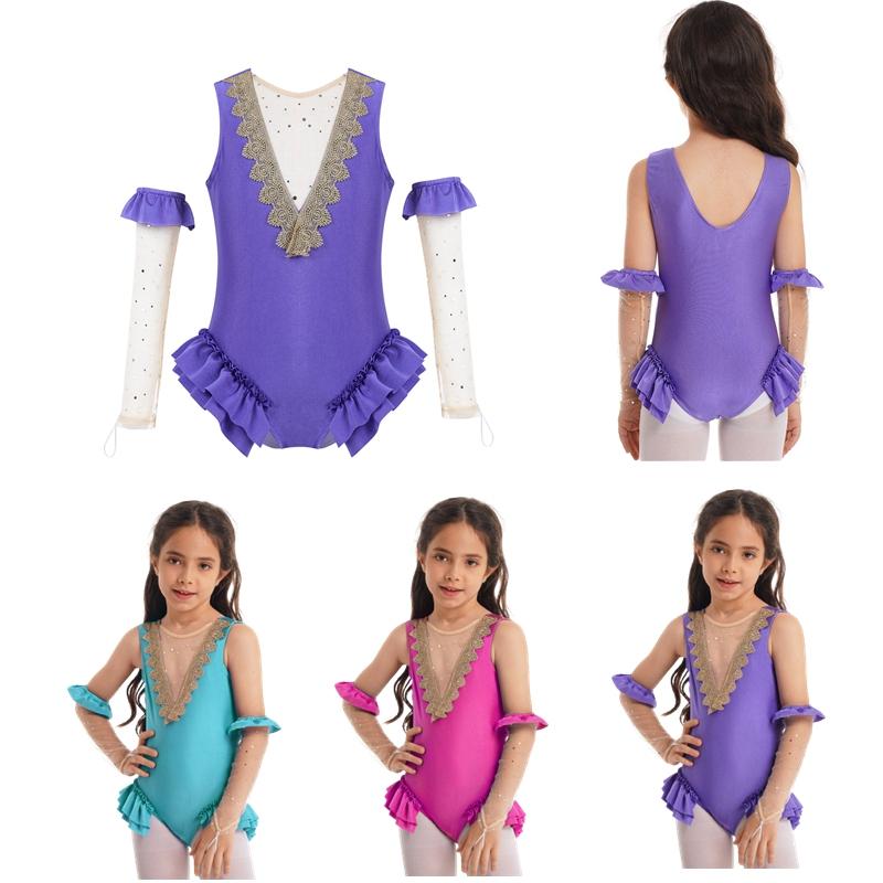Sleeveless Splice V-Shape Back Gymnastic Leotard with Arm Sleeves Outfits Set Girls Cosplay Costumes