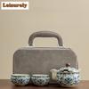 Китайский чайный сервиз Ru Kiln Blue And White, набор для бутика, 1 чайник, 2 чашки, бытовой чайник для отдыха на природе, переносная дорожная сумка, украшения