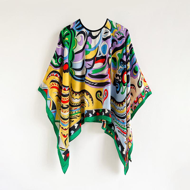 110Cm Square Shawls Summer Beach Sexy Women Fashion Print Silk Smock Bikini Cover Up Loose Blouse Sunscreen Comfortable Poncho