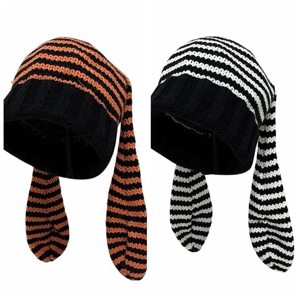Harajuku Women Beanie Hat Y2K Stripe Skull Cap Casual Rabbit Ears Hat Outdoor