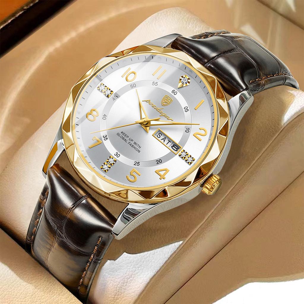 Swiss Mens Quartz Watch With Leather Strap And Luminous Dial For Casual Wear